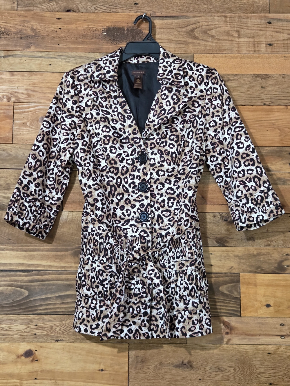 Belted Leopard Print Long Jacket M Pleated Detail Shoulder Pads 3/4 Sleeve Y2K
